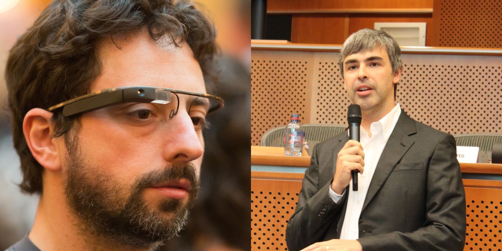 Sergey Brin Mengenakan Kacamata Google dan Larry Page Berbicara