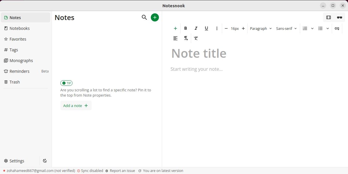 Criando uma nota no aplicativo Notesnook no Linux