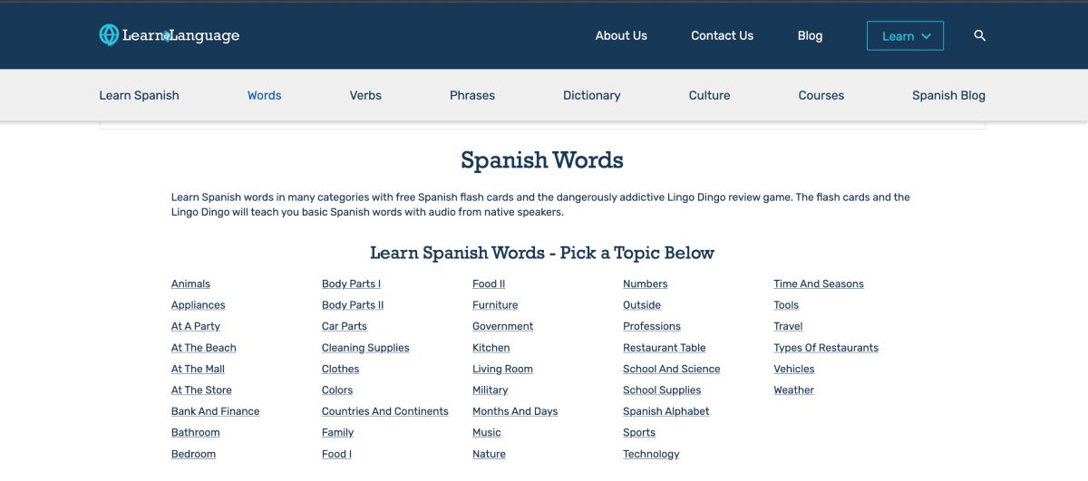Página de aprendizagem de espanhol da LearnALanguage