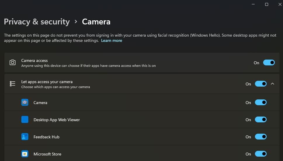 The Let apps access your camera setting