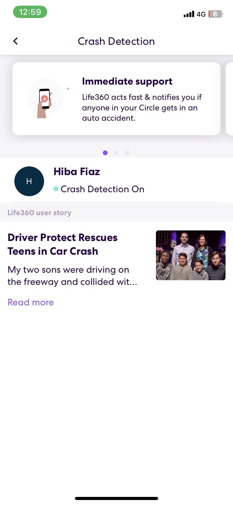 برنامه life360 که نشان می دهد تشخیص خرابی فعال است