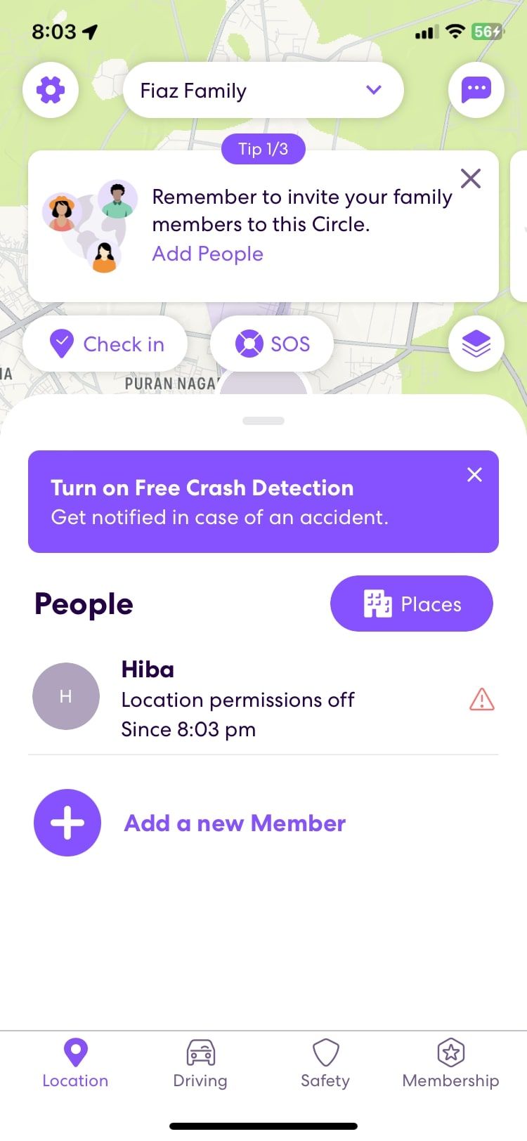 صفحه اصلی life360 که مکان و اعضا را نشان می دهد