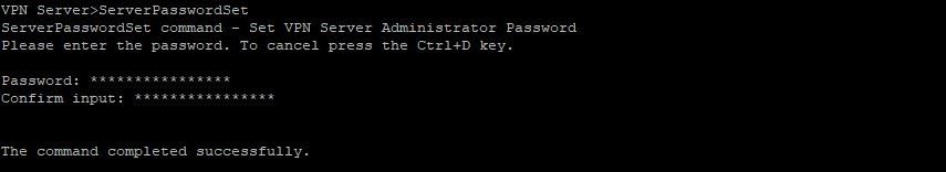 Linux terminal displaying softether set main password prompt and output