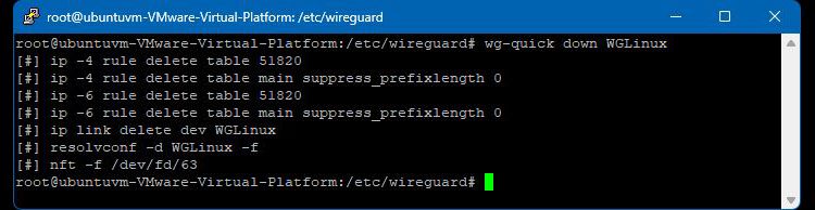 Terminal Linux menampilkan perintah klien wireguard wg-quick down