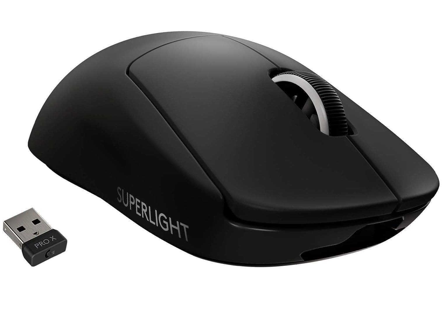logitech g pro x superlight featuring a black finish and wireless usb dongle