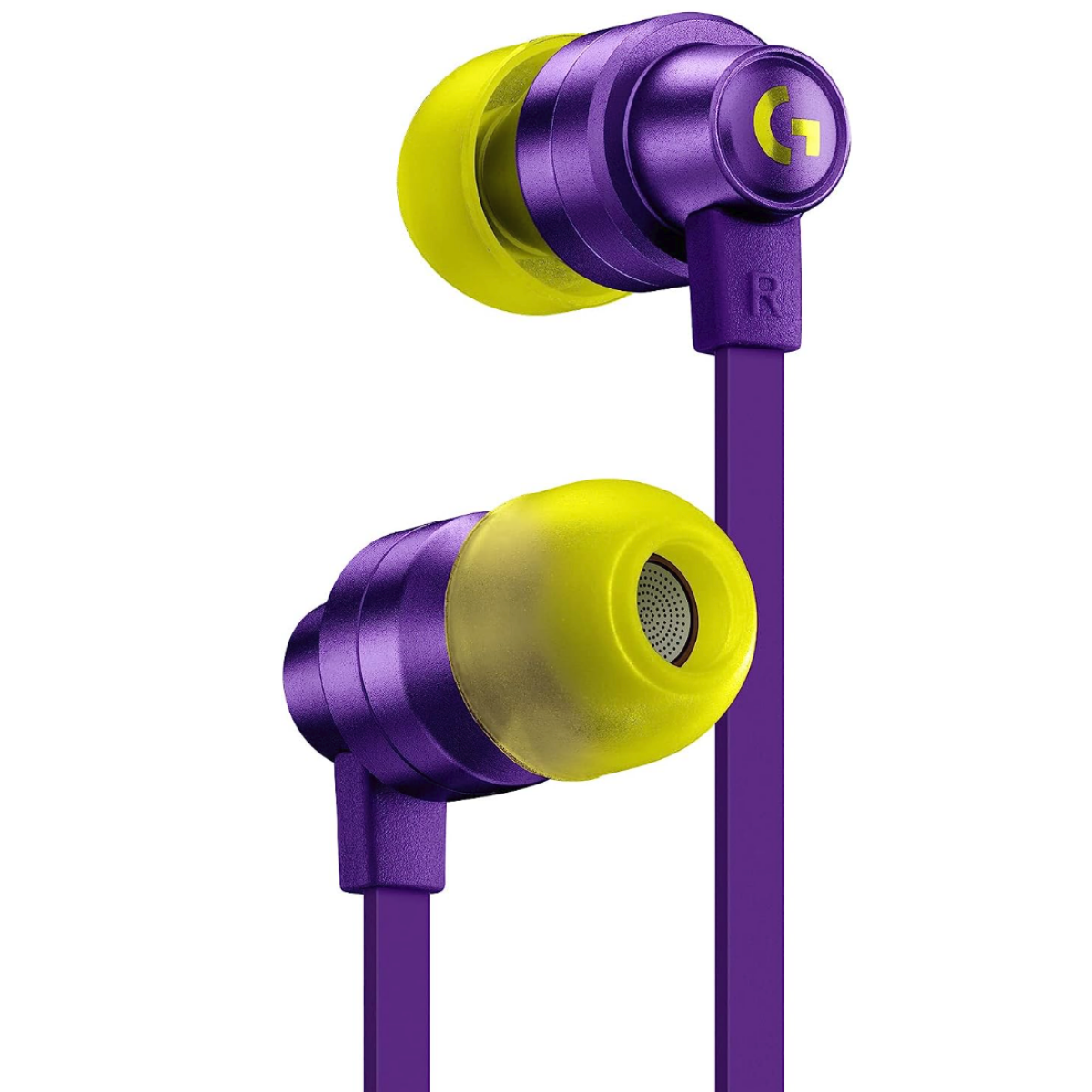 A pair of purple Logitech G333 gaming headphones with yellow tips