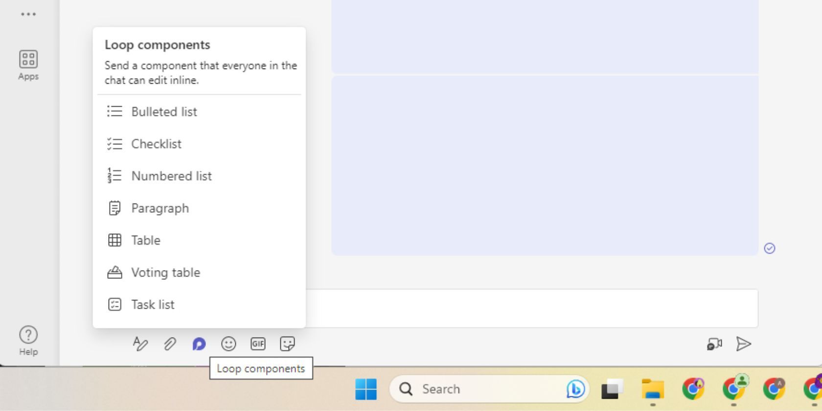 Captura de tela do Microsoft Teams mostrando como criar um componente Loop em uma mensagem de chat