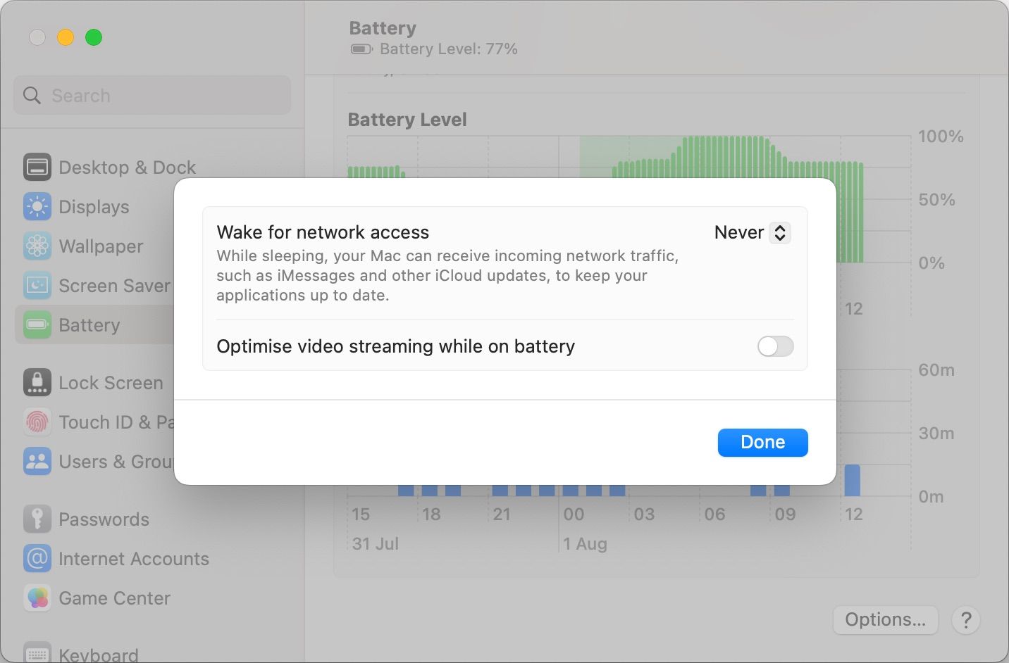 Mac Battery Wake for Network Access Settings pop-up