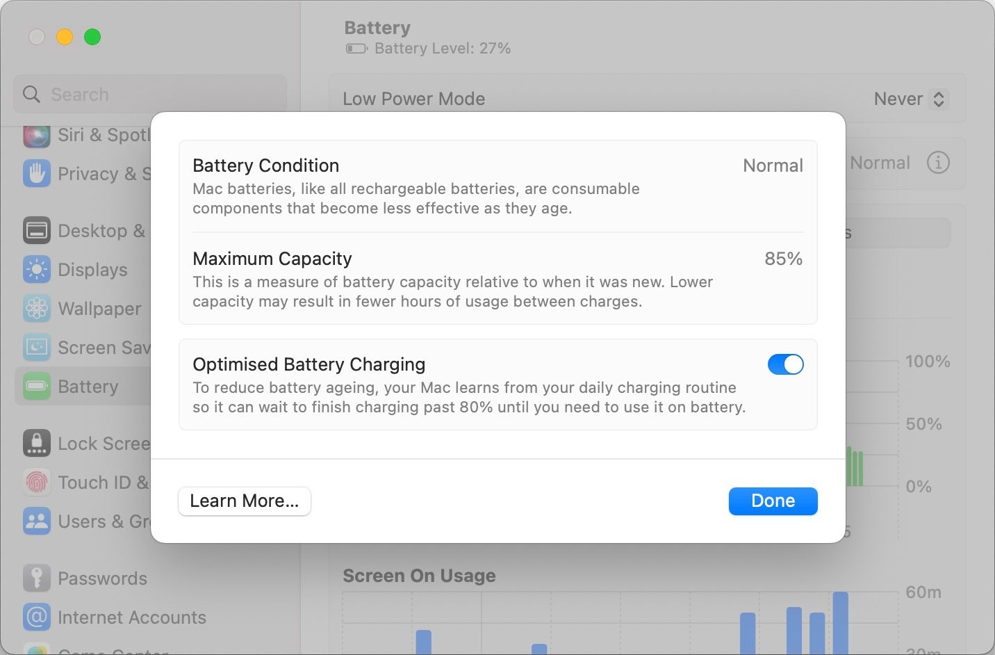 MacBook Battery Health Settings Pop-Up Menu