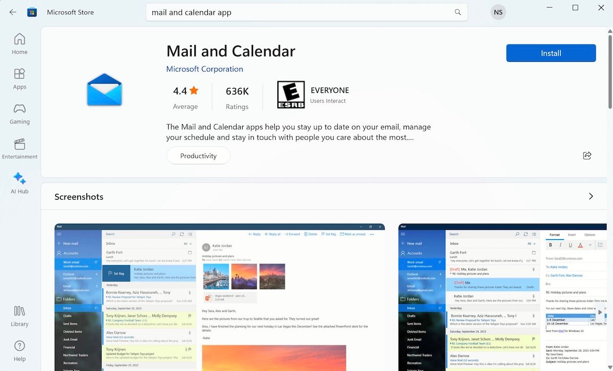 Приложение "Почта" и "календарь" в приложении Microsoft Store