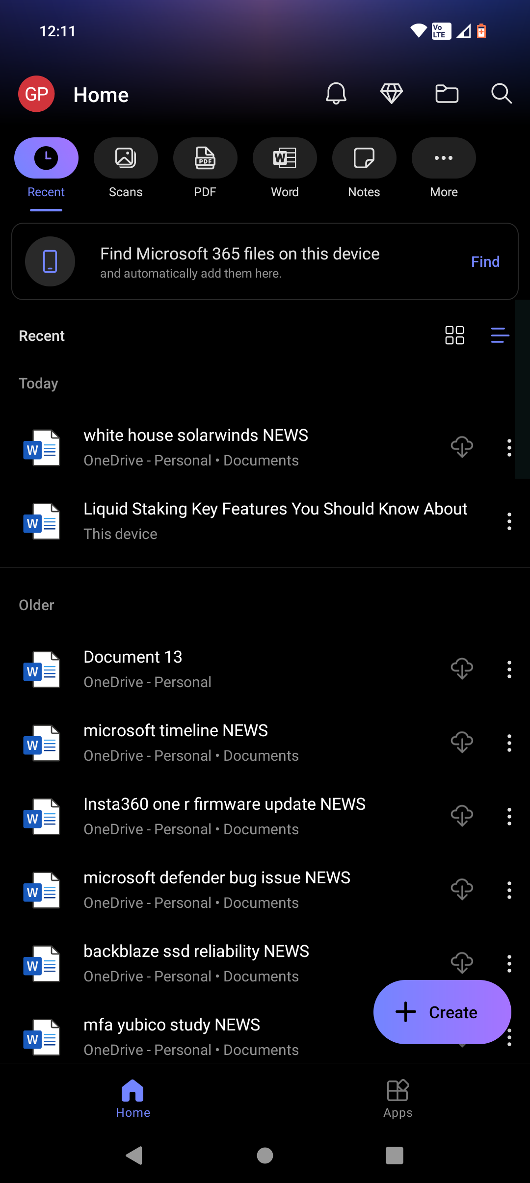 microsoft 365 app home with file list