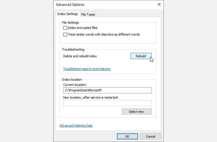 دکمه گزینه نمایه بازسازی Microsoft Outlook