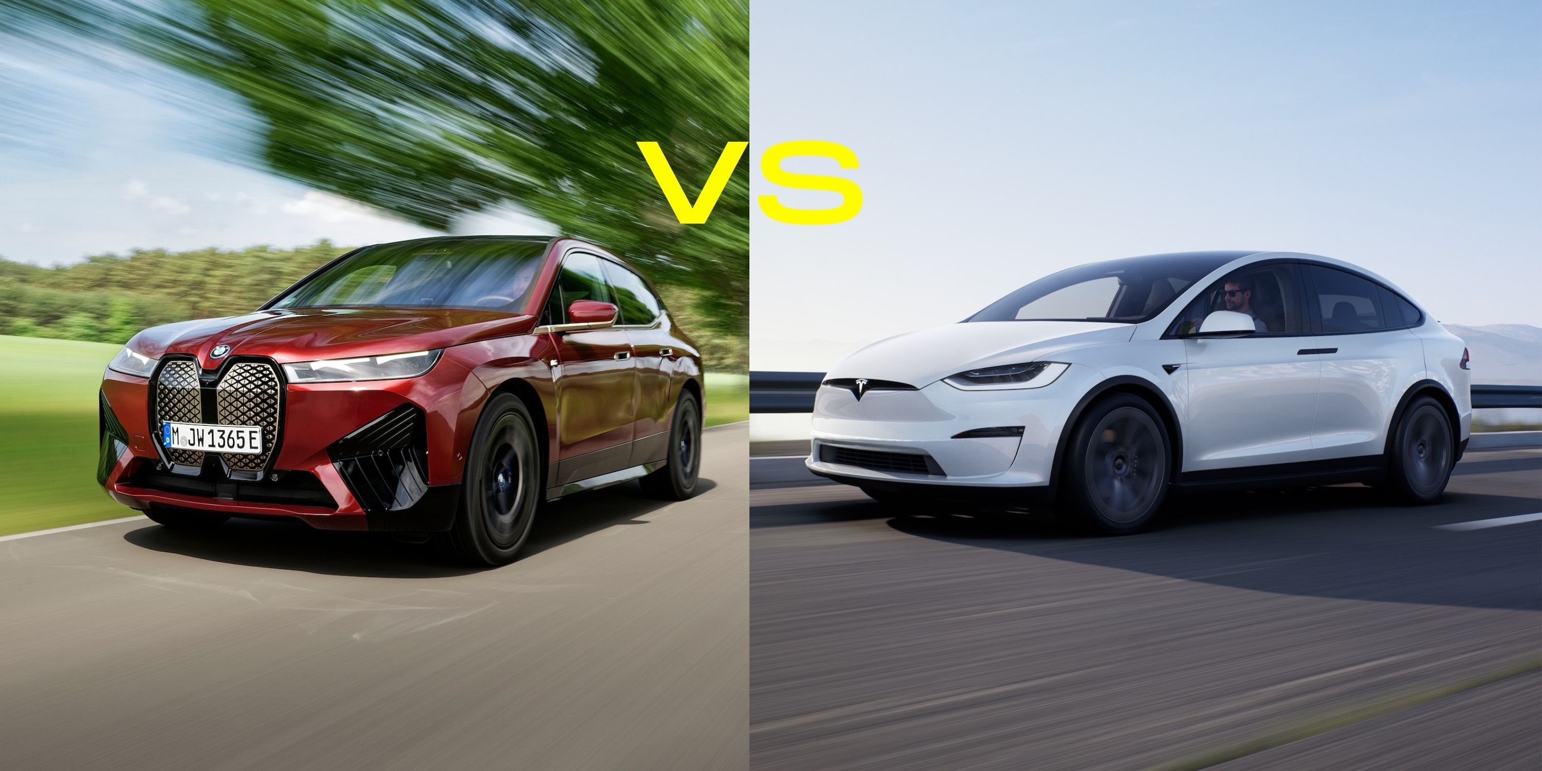 Tesla Model X vs. BMW iX lado a lado, ambos dirigindo em uma estrada