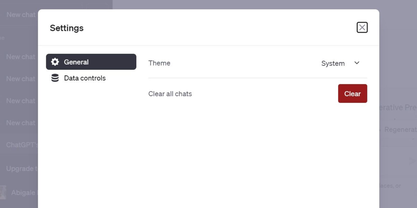 ChatGPT showing options to clear all chats