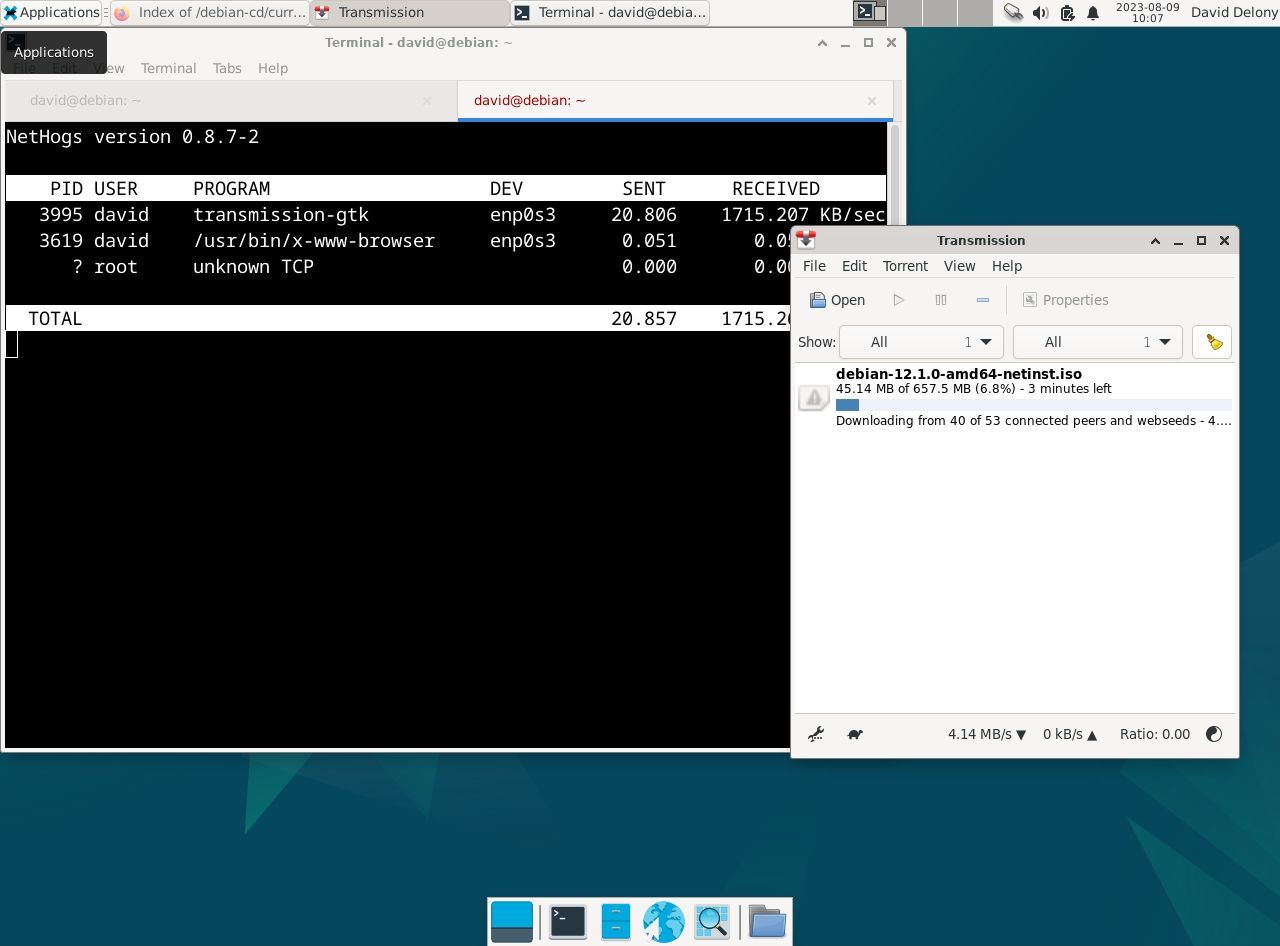 nethogs dans le terminal et Transmission sous Linux