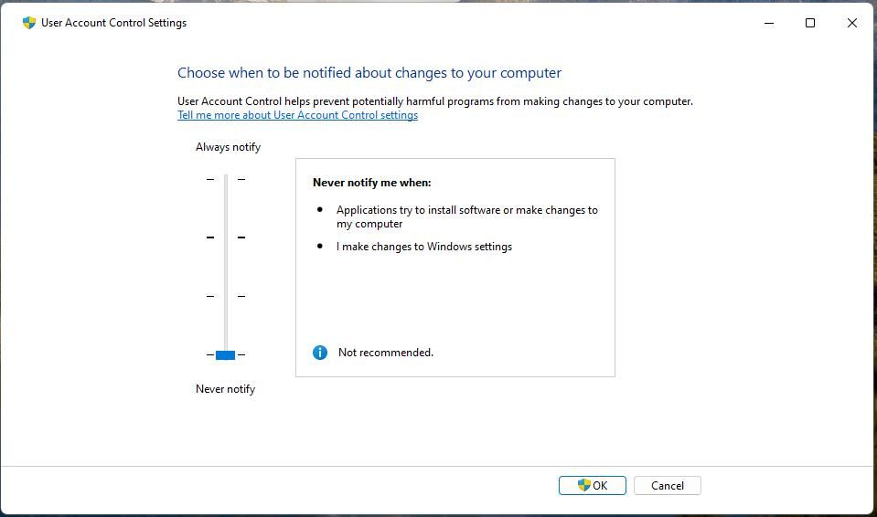 گزینه Never notify در UAC