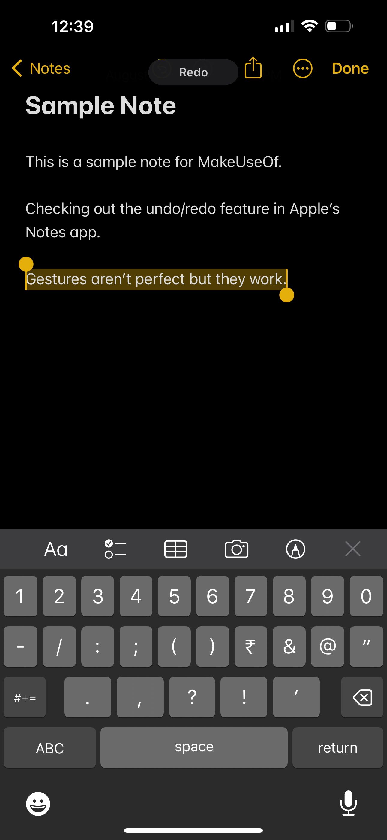 Notes app Redo with gesture
