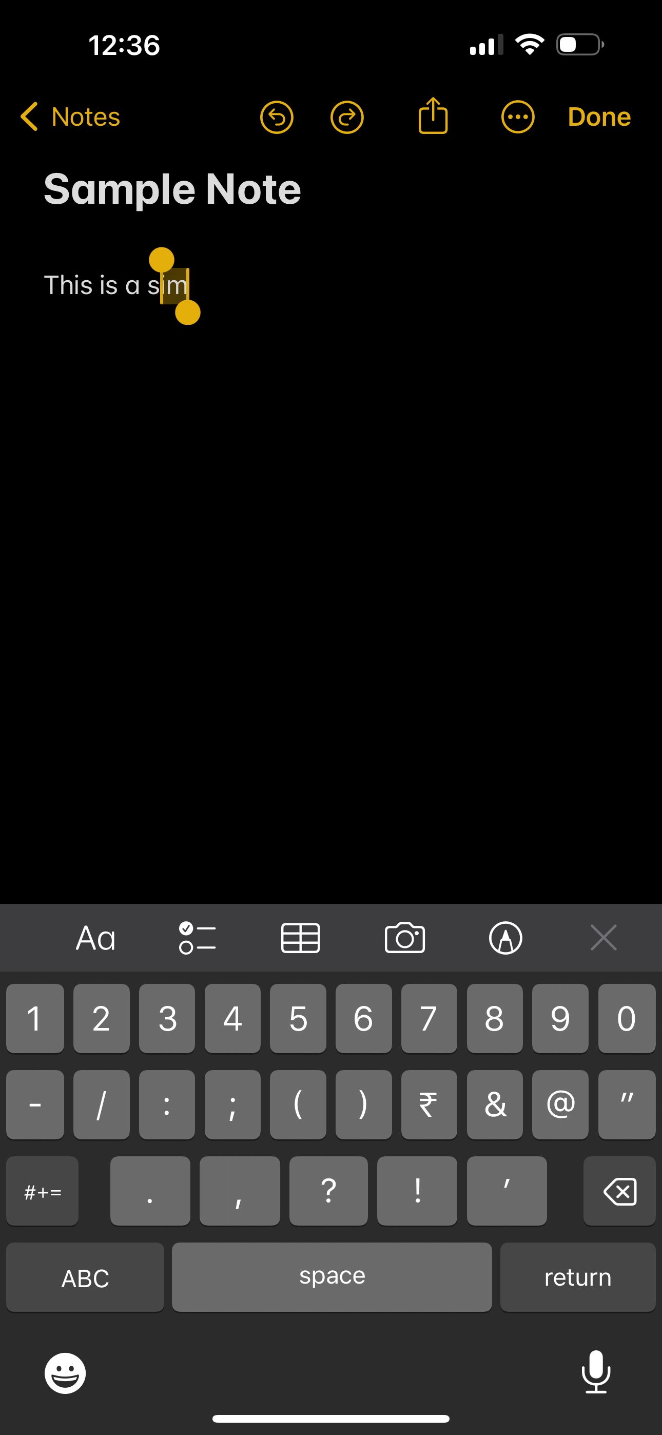 Notes app showing Undo and Redo buttons at the top