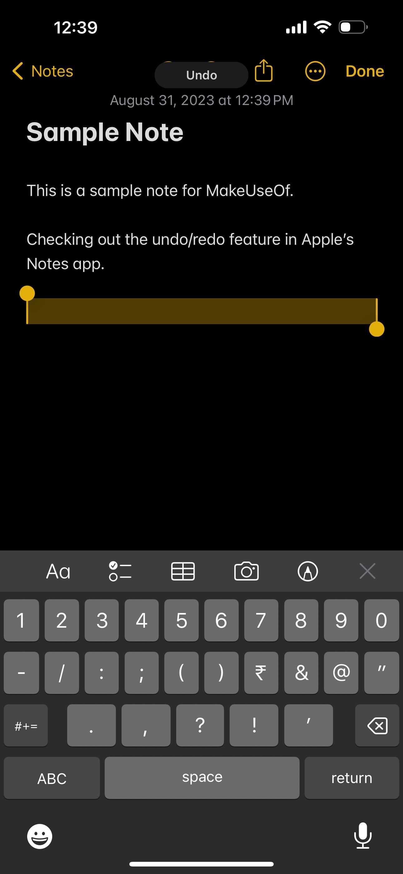 Notes app Undo with gesture