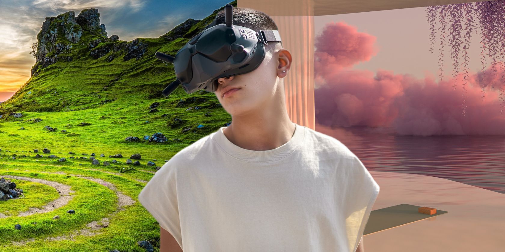 Buzz Cut Man Wearing VR in Between Pink and Green Worlds
