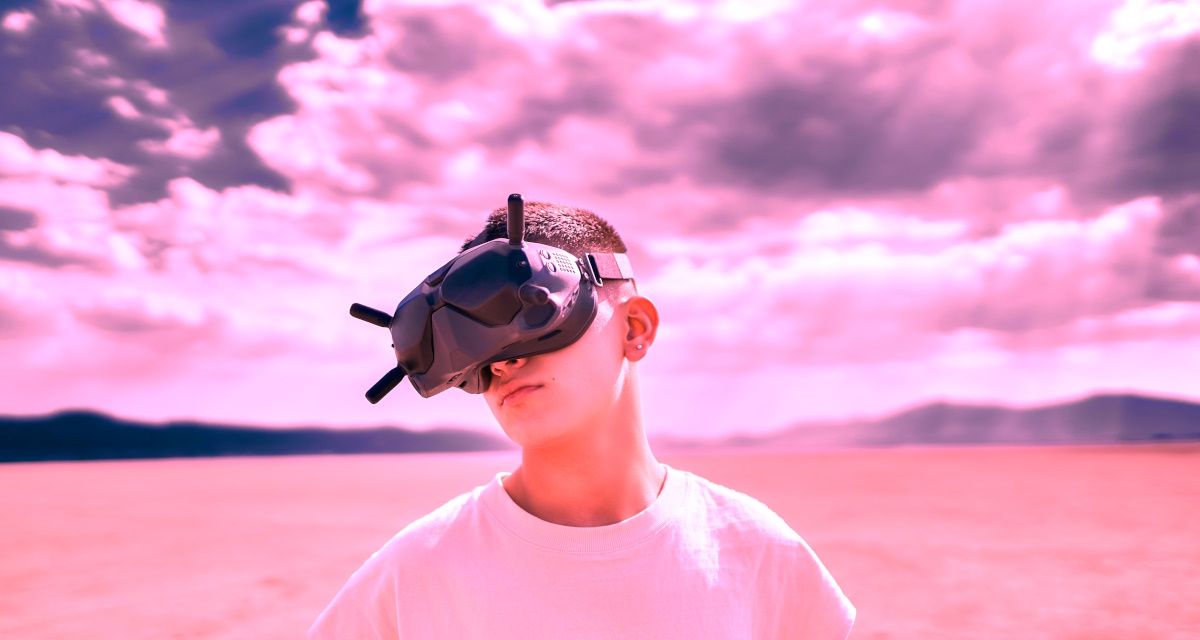 someone looking at a virtual reality set in the desert