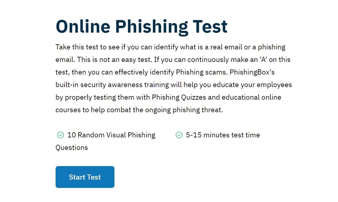 Screenshot of the PhishingBox Phishing IQ Test