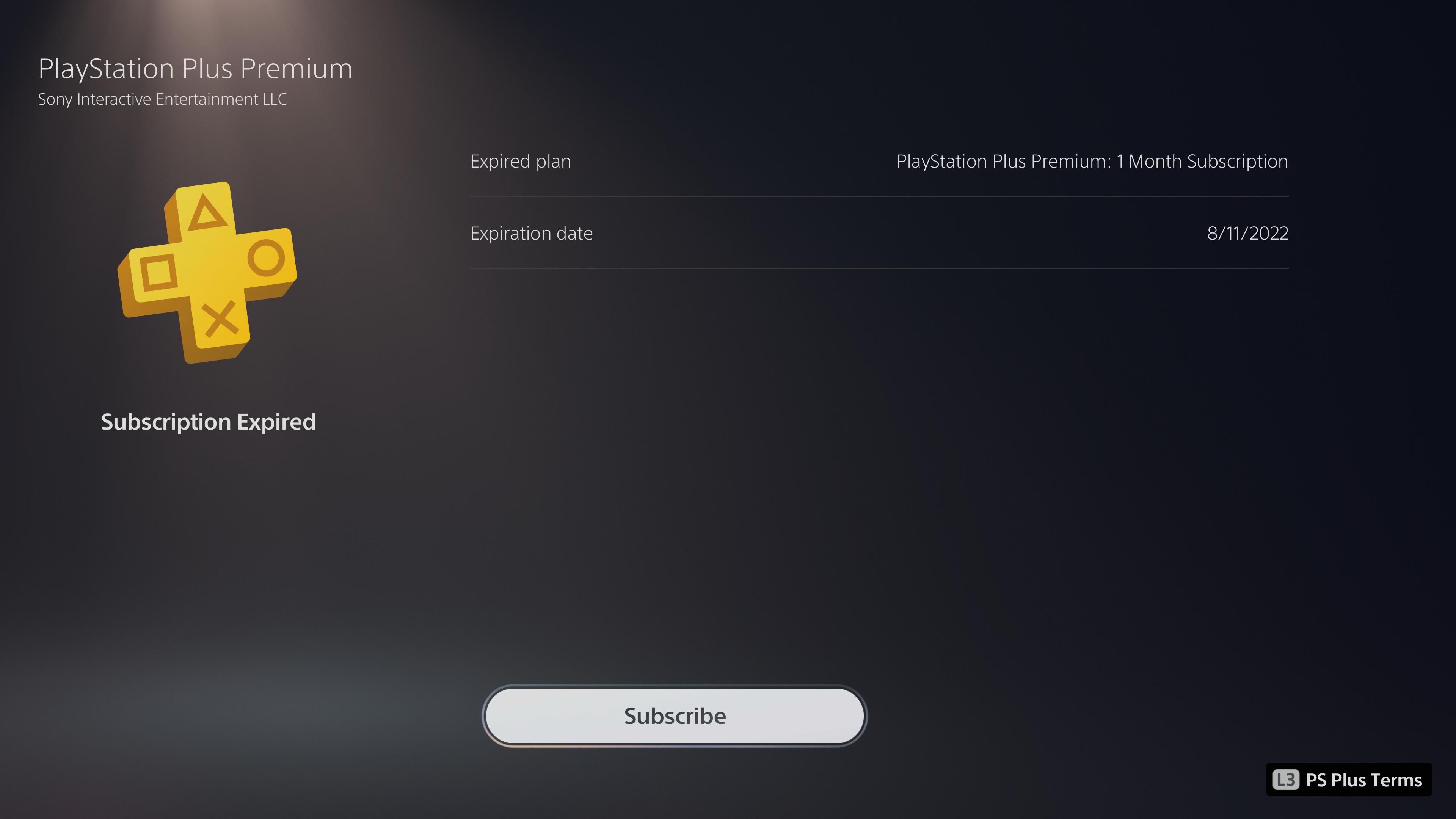 Page d'abonnement PlayStation Plus dans les paramètres d'abonnement de la PS5