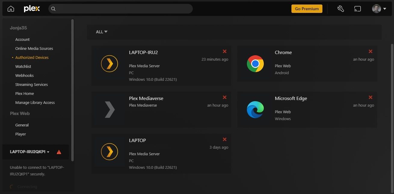 Viewing and approving devices and apps associated with a Plex account.