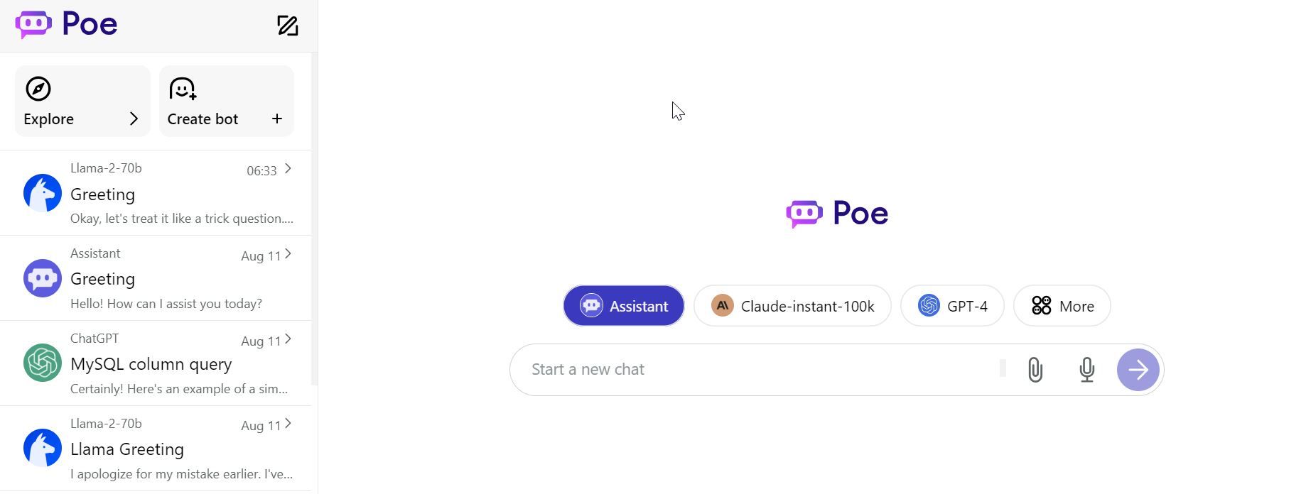 Interface de bate-papo Poe.com