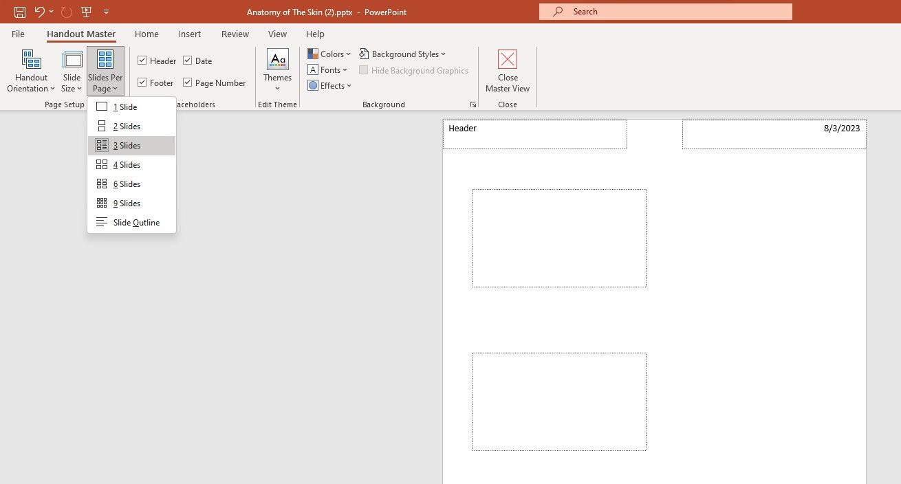 Handout Master view in PowerPoint