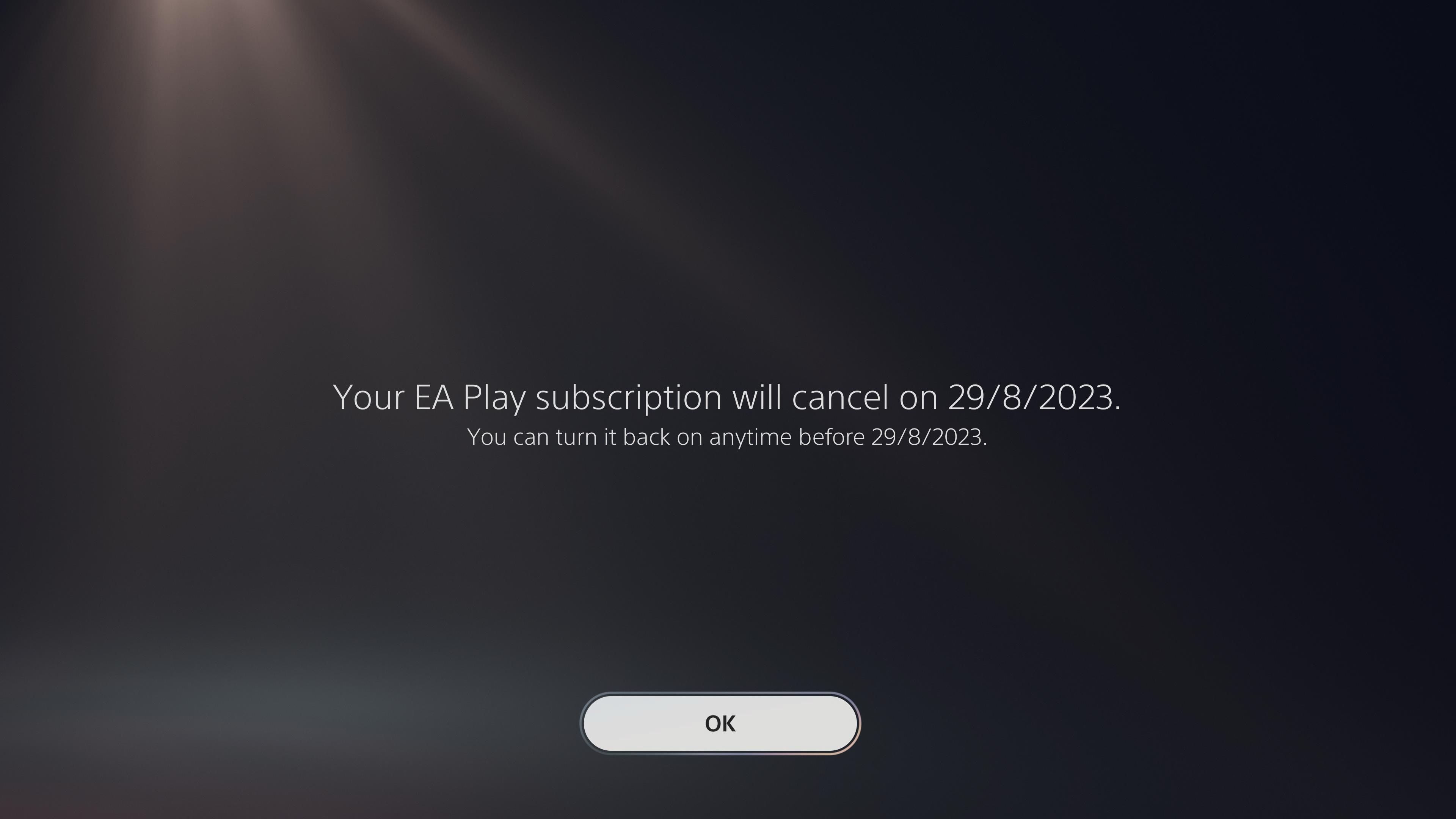 Invite notifiant l'annulation de l'abonnement EA Play