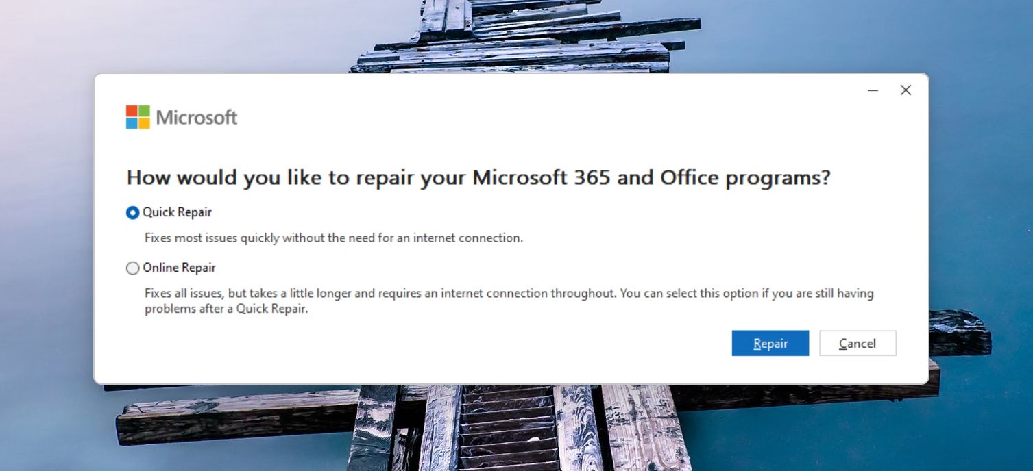 Вариант быстрого восстановления Microsoft Office