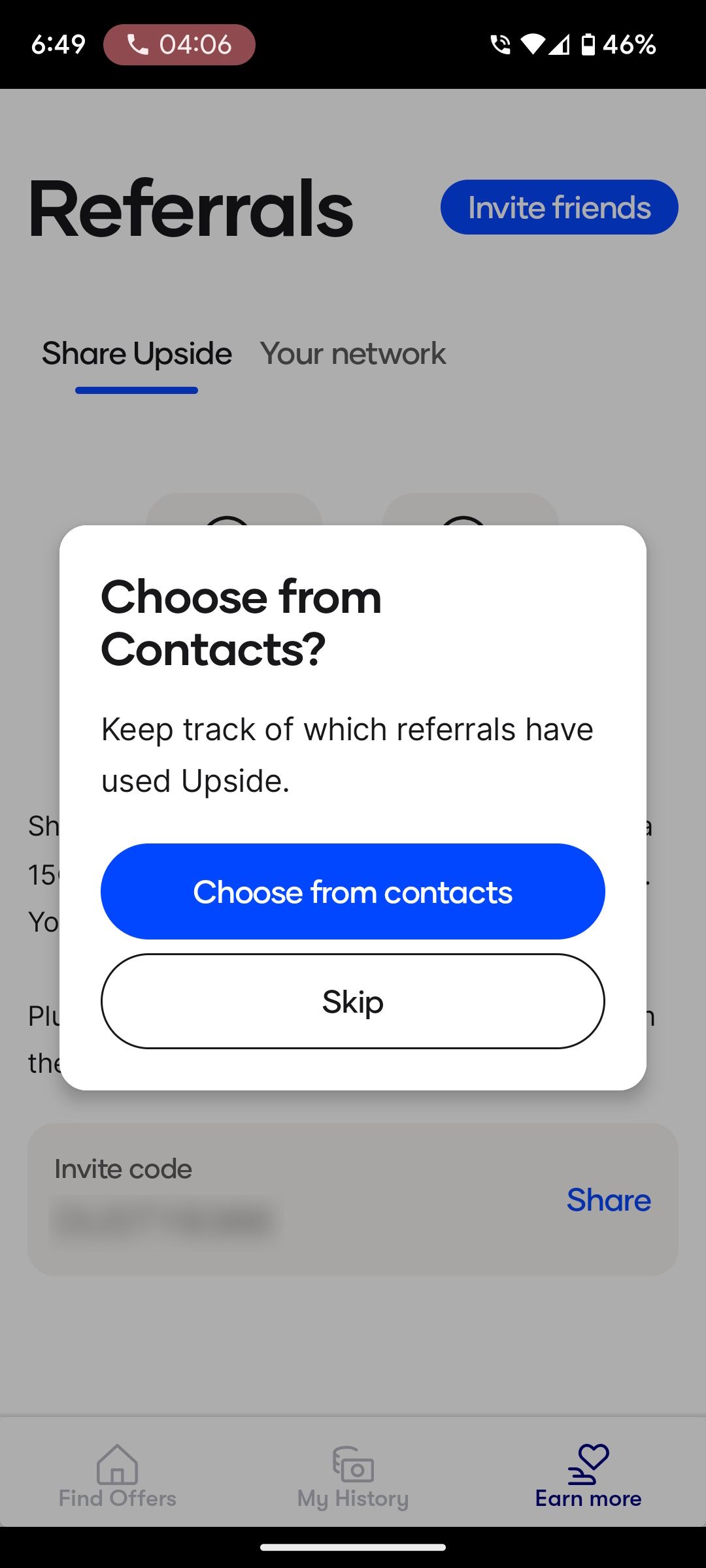 Sharing referral code to contacts list in the Upside app