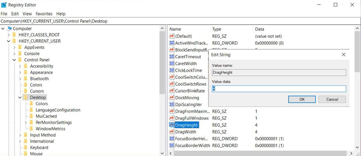 Edit the drag values in Windows Registry