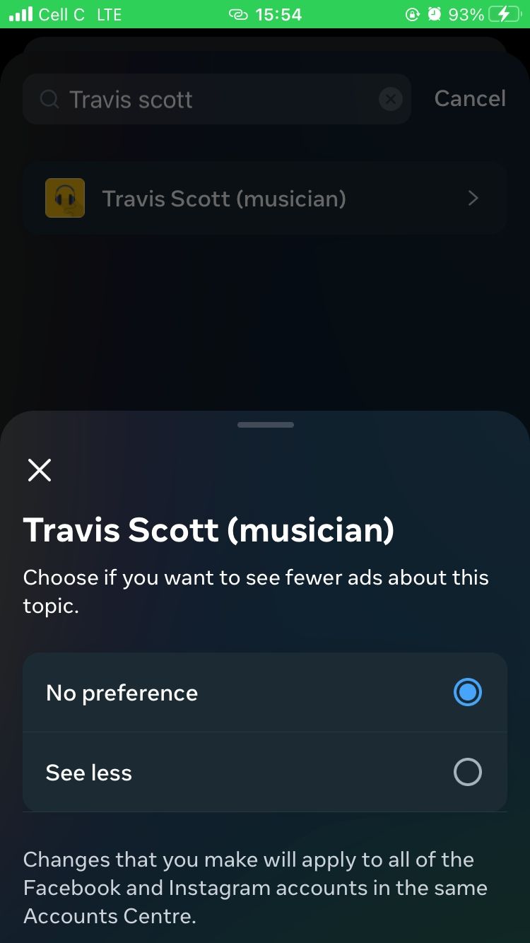 Removing Travis Scott as an ad topic on the Instagram mobile app