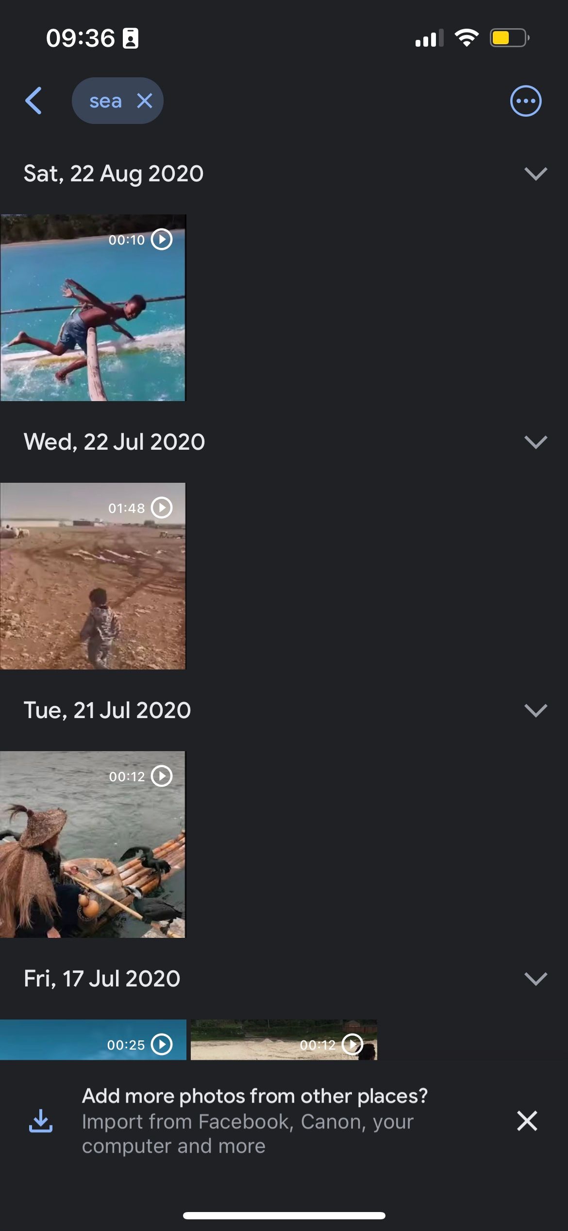 Results for 'sea' in Google Photos app