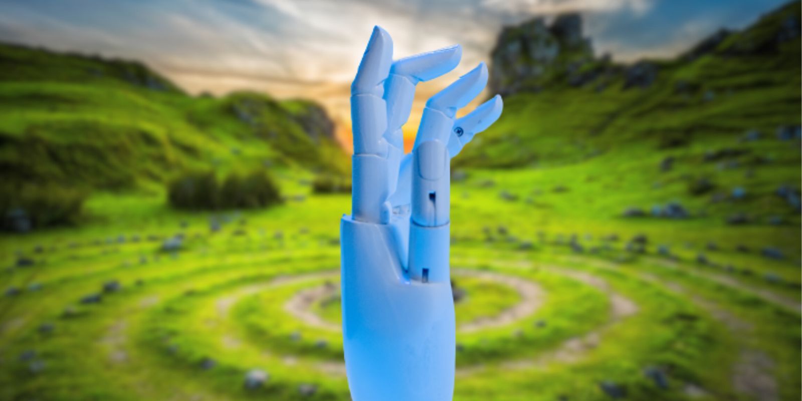Sole Robot Hand in Green Nature Fields