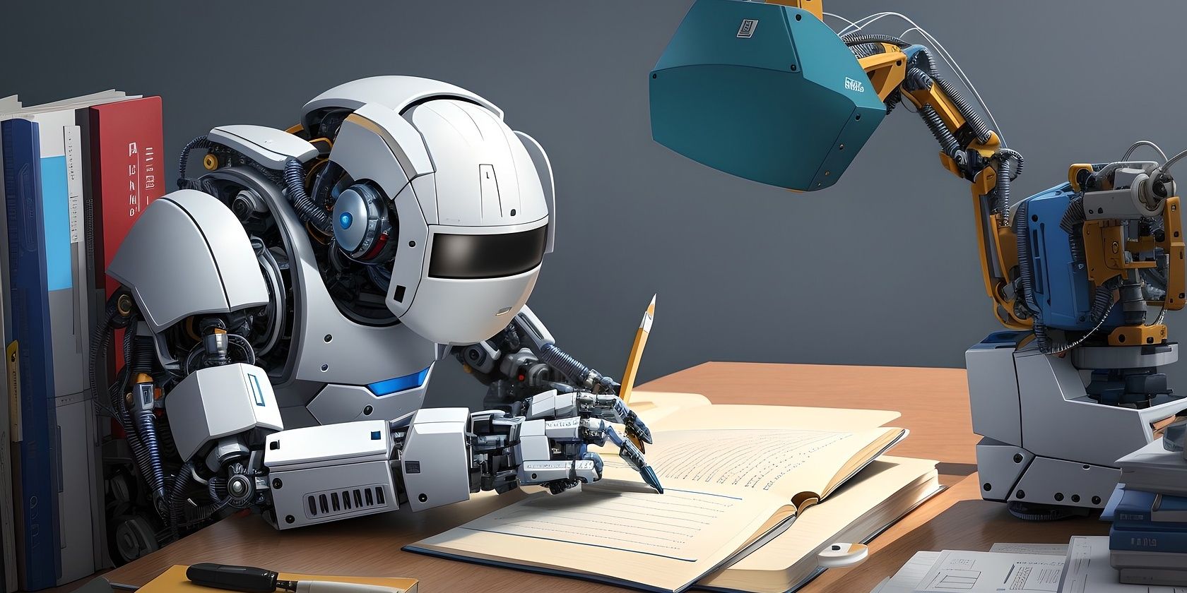 robot holding a pencil pointing to a book
