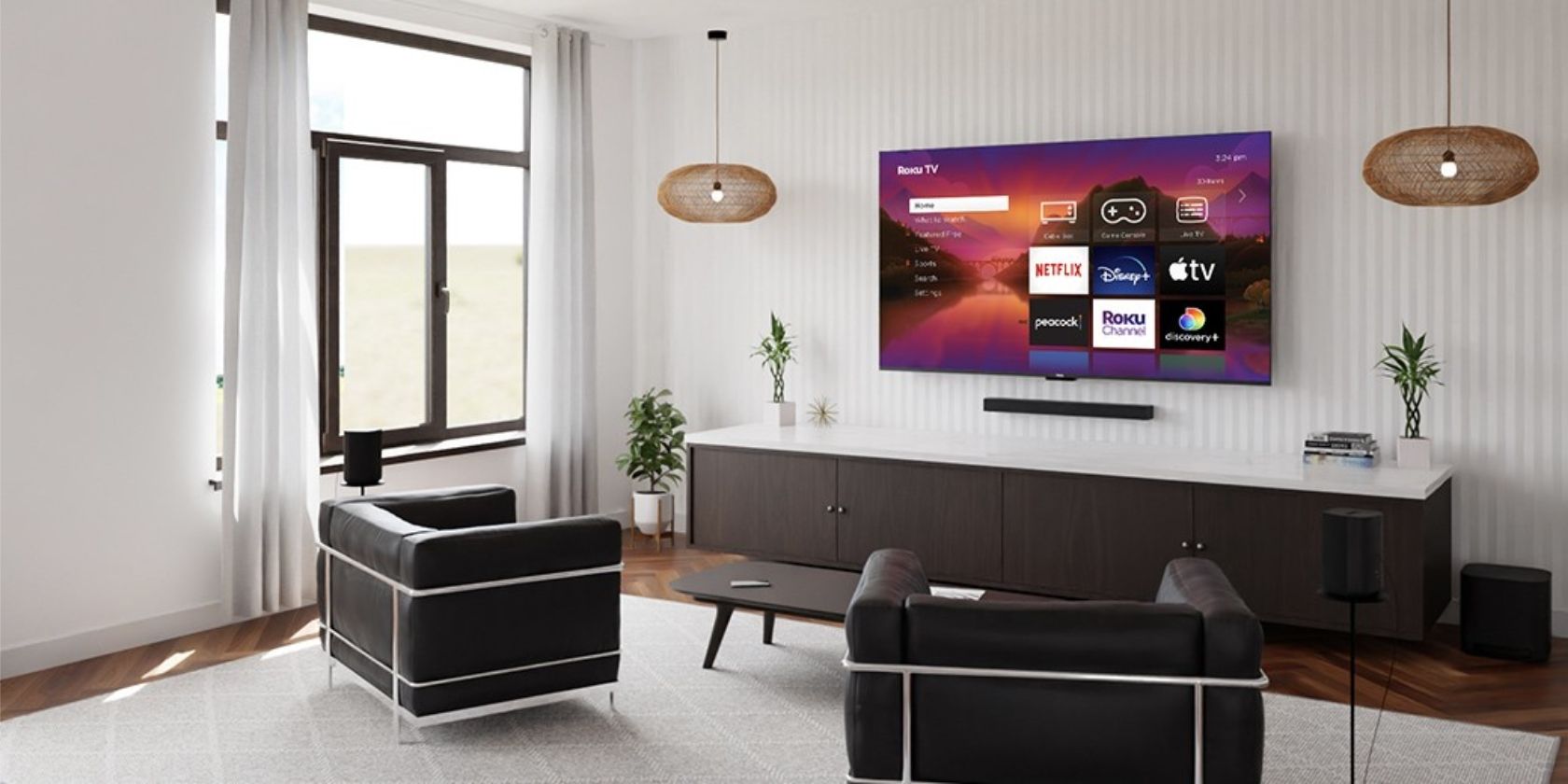 Roku Plus Series 4K Television Mounted on a Wall in a Living Room Setting