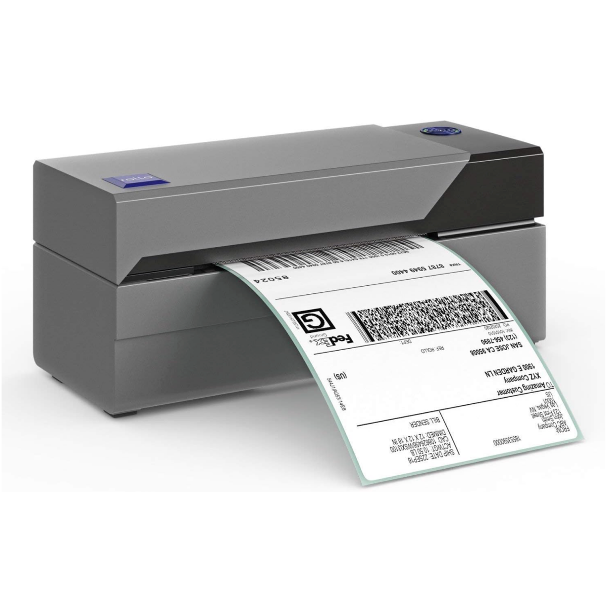 A Rollo USB Shipping Label Printer printing a monochrome label