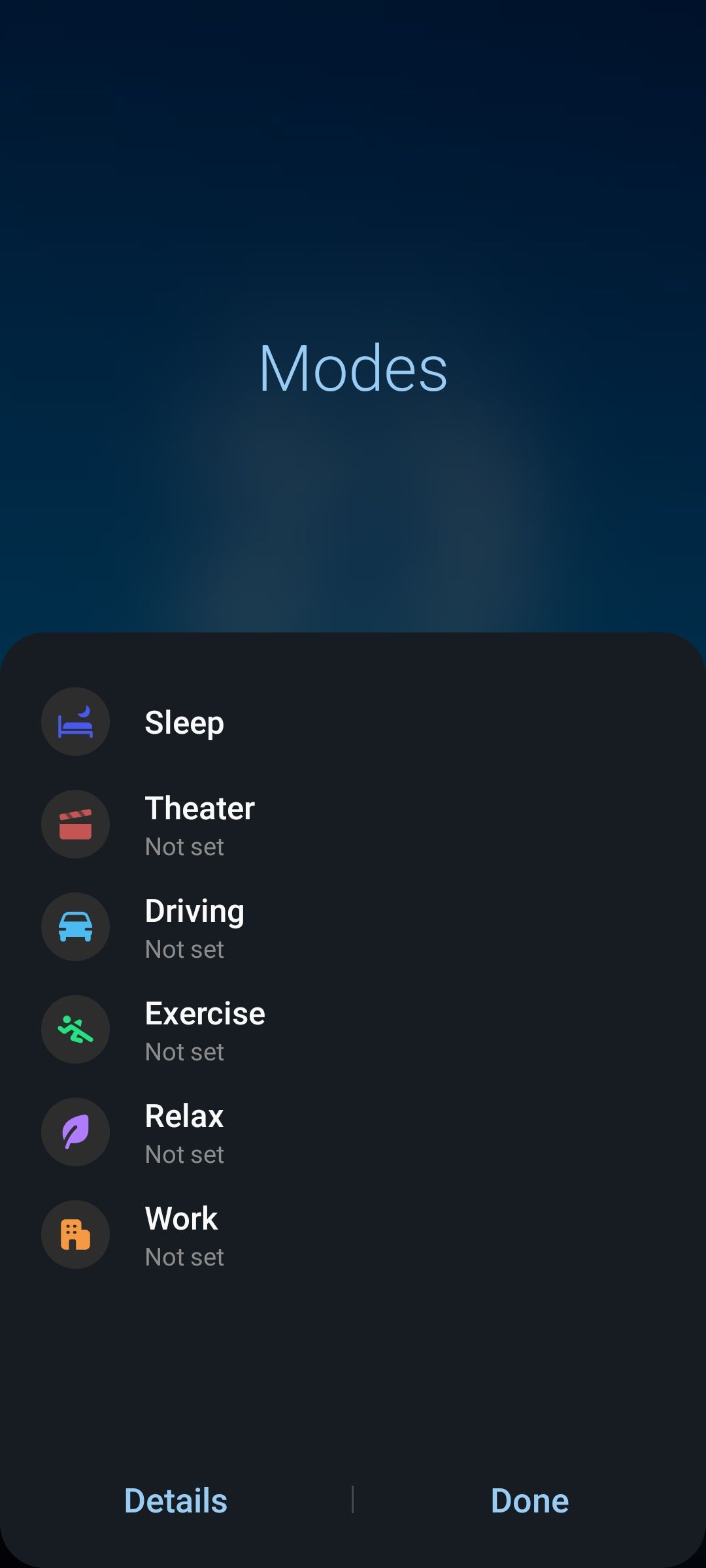 Samsung Modes list in Quick Settings panel