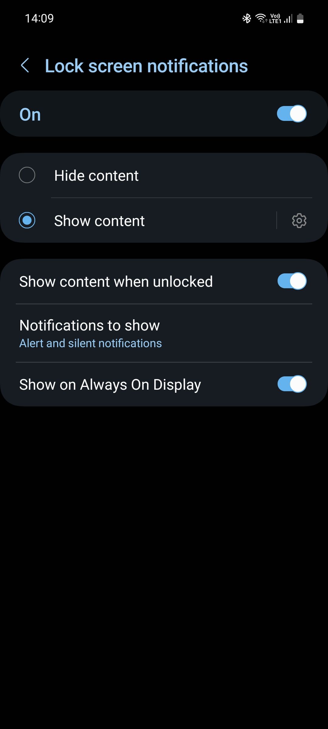 Samsung One UI Lock screen notifications menu