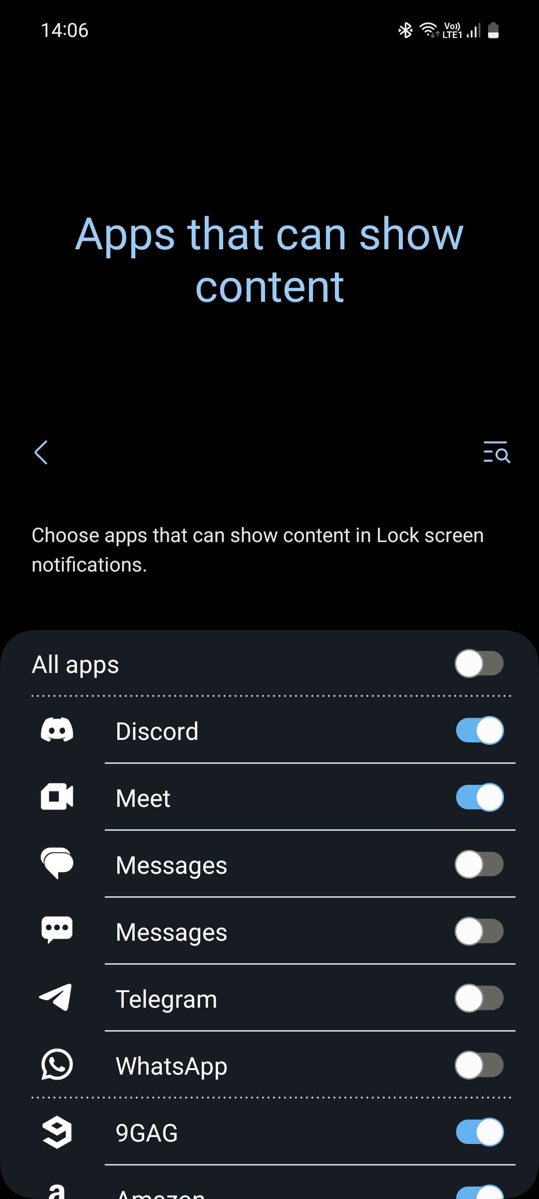 Samsung One UI show Lock screen notifications content from select apps
