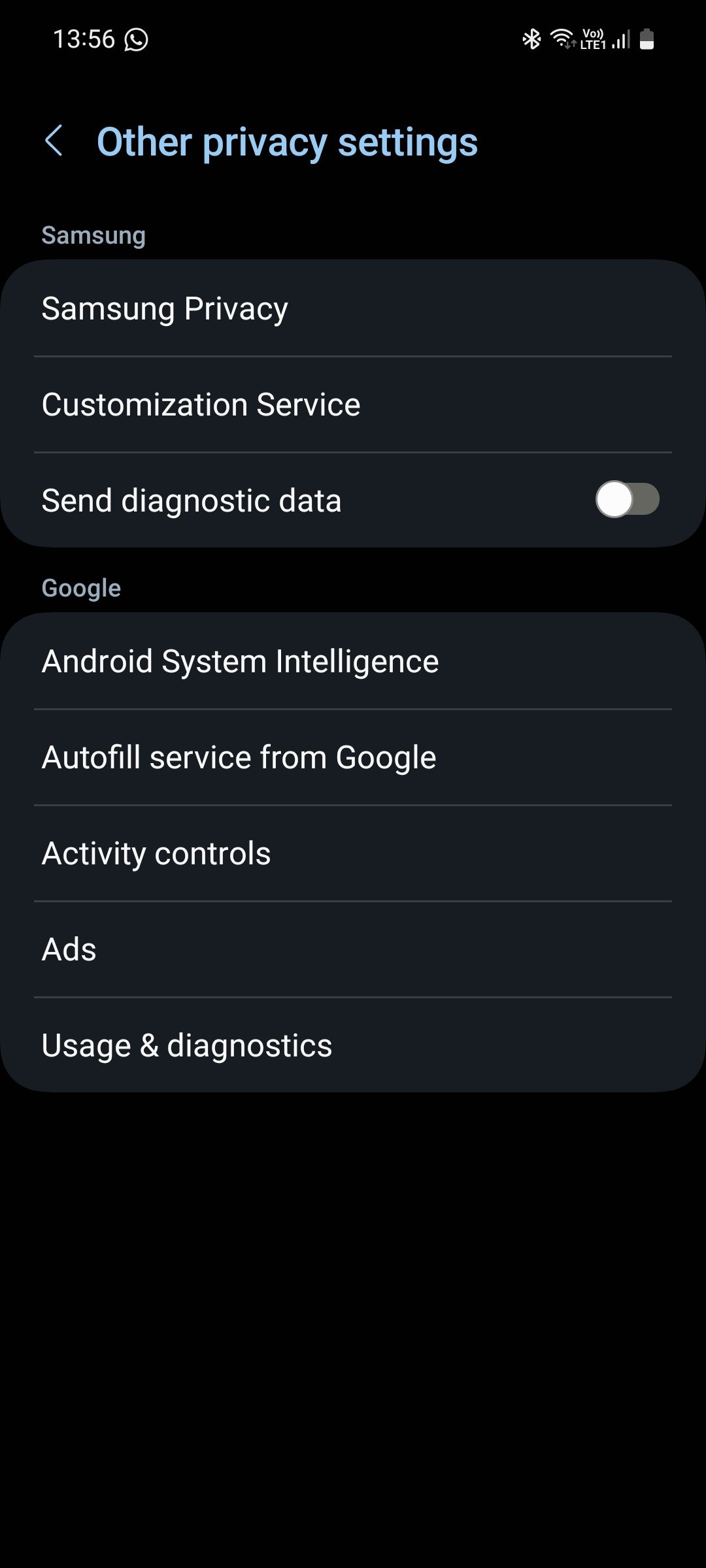 Samsung Other privacy settings menu