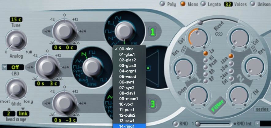 گزینه های Digiwave در ES2 synth در Logic Pro