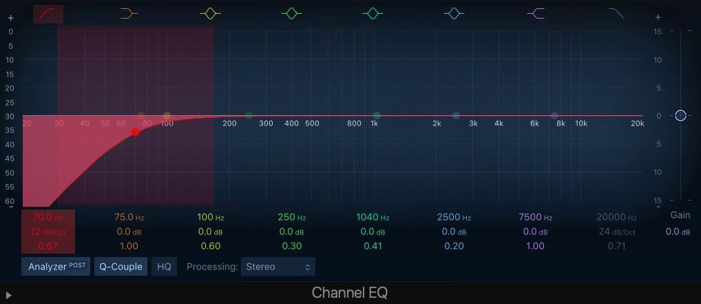 مثال فیلتر بالا گذر برای مصنوعی با استفاده از Channel EQ در Logic Pro