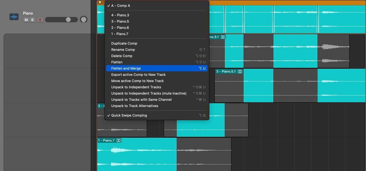 Option d'aplatissement et de fusion dans un dossier de prises dans Logic Pro