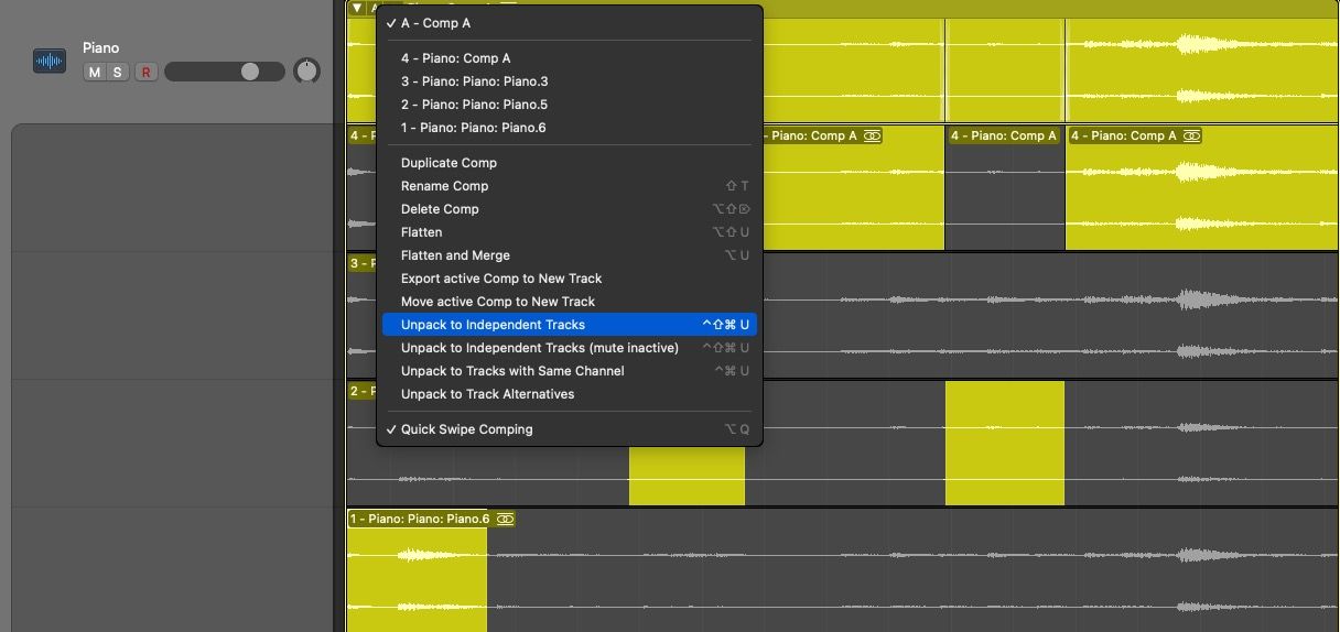 Option de déballage des pistes dans un dossier de prise dans Logic Pro