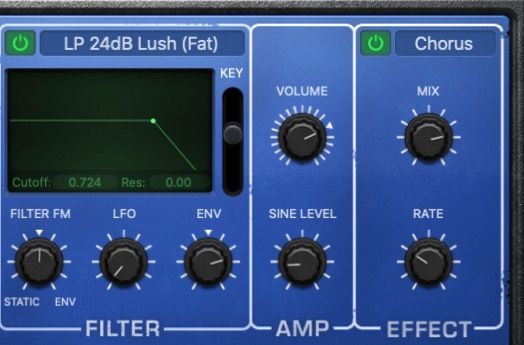 Seções de filtro, amplificador e efeito no Retro Synth no Logic Pro