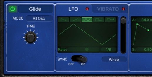 Seções Glide e LFO/Vibrato no Retro Synth no Logic Pro